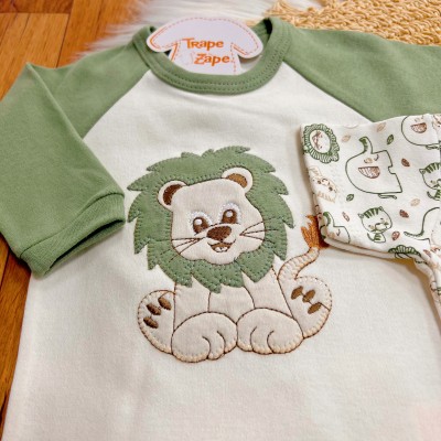 Conj. de Malha 3 peças - Leão Juba Colorida e Safari - Verde e Off White